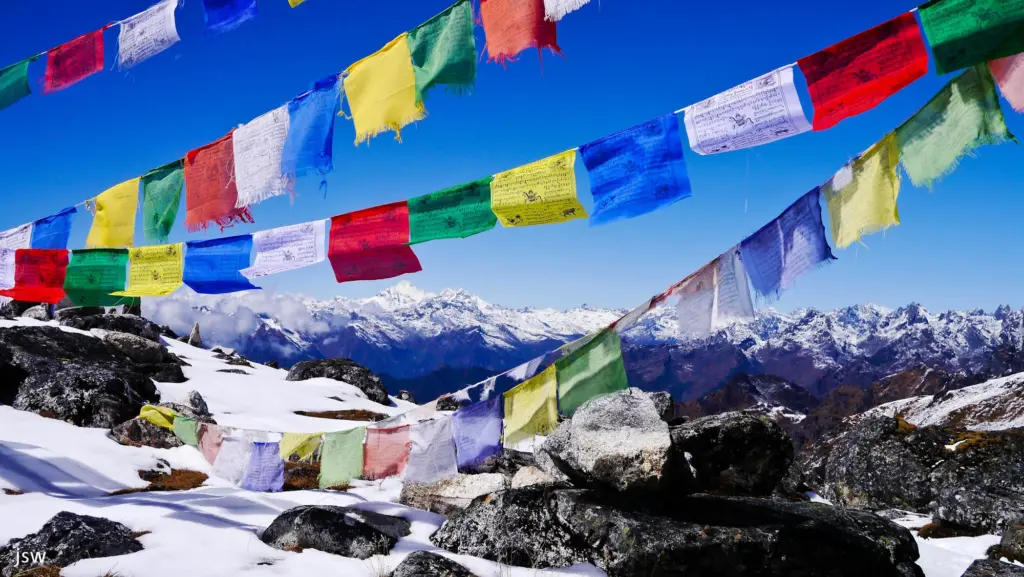 Beautiful view of Mountain range in the back with buddhist flag