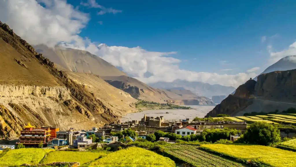 Beautiful view of kagbeni village with greenery and desert with river