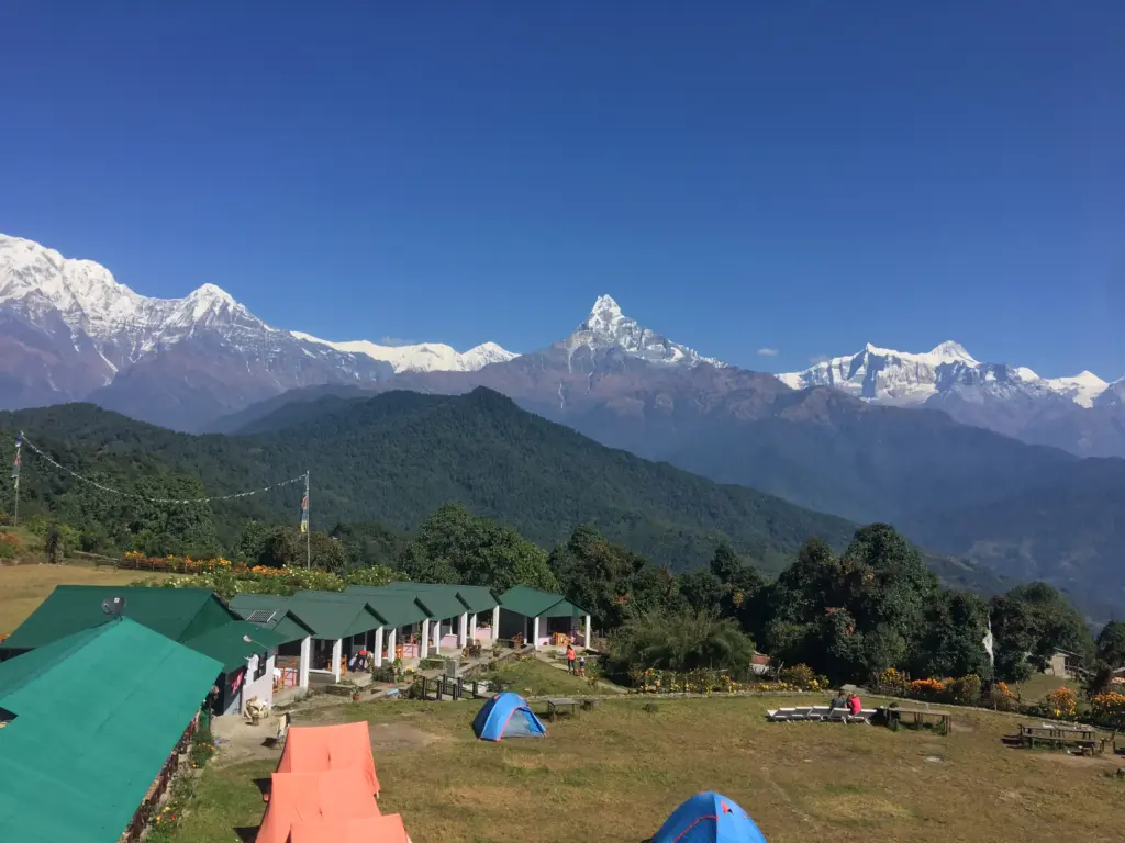 Himalayan Range seen from Australian camp near Pokhara - day hike in Nepal