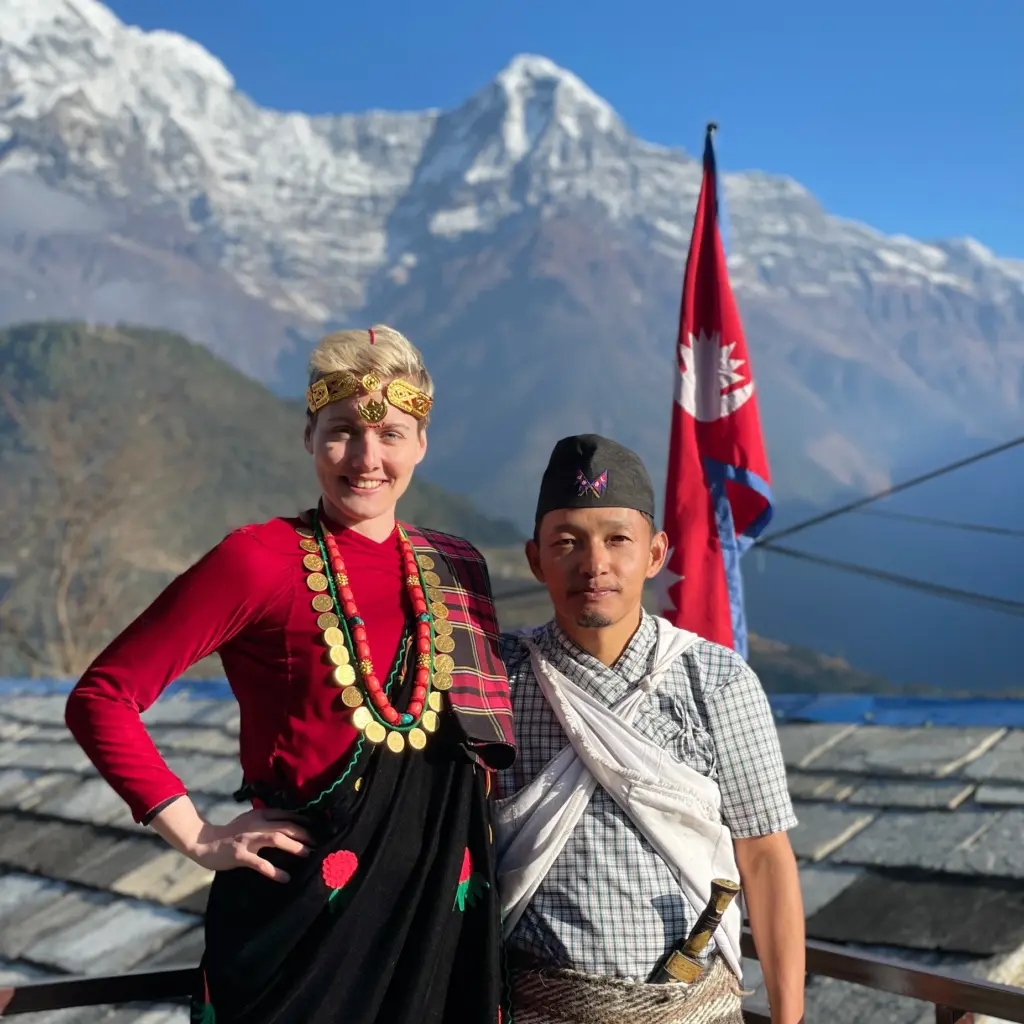 Female trekker wearing nepali cultural dress