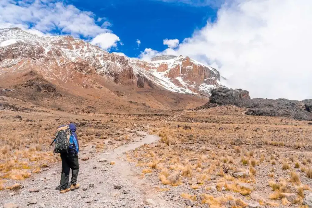 A hiker with a backpack walks along a dusty, dirt trail through a rugged, rocky alpine desert landscape toward a steep, partially snow-covered mountain peak - solo trekking in Nepal